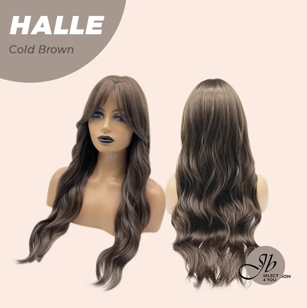JBEXTENSION 27 Inches Long Wave Cold Brown Wig with Bangs HALLE