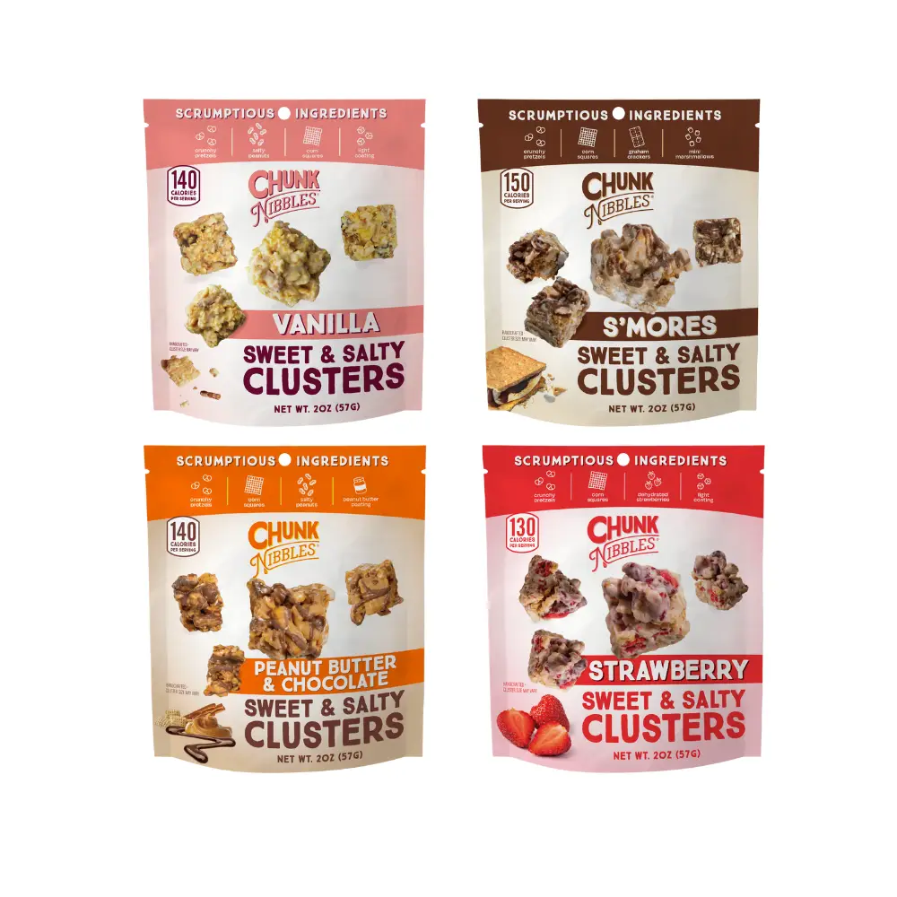 Chunk Nibbles Snack Clusters Best Selling Sampler Pack | 4 Bags | 2oz Bags | 4 Unique Flavors- Vanilla, S'mores, Peanut Butter Chocolate, Strawberry