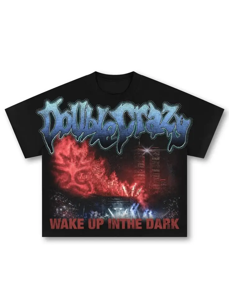 Y2K Grunge Gothic Graphic Tee Heavy Metal Rock Streetwear, Oversized Crewneck Short Sleeve T-Shirt, Premium Heavyweight Cotton, Double Crazy Wake Up In The Dark Rhinestone Accent Print