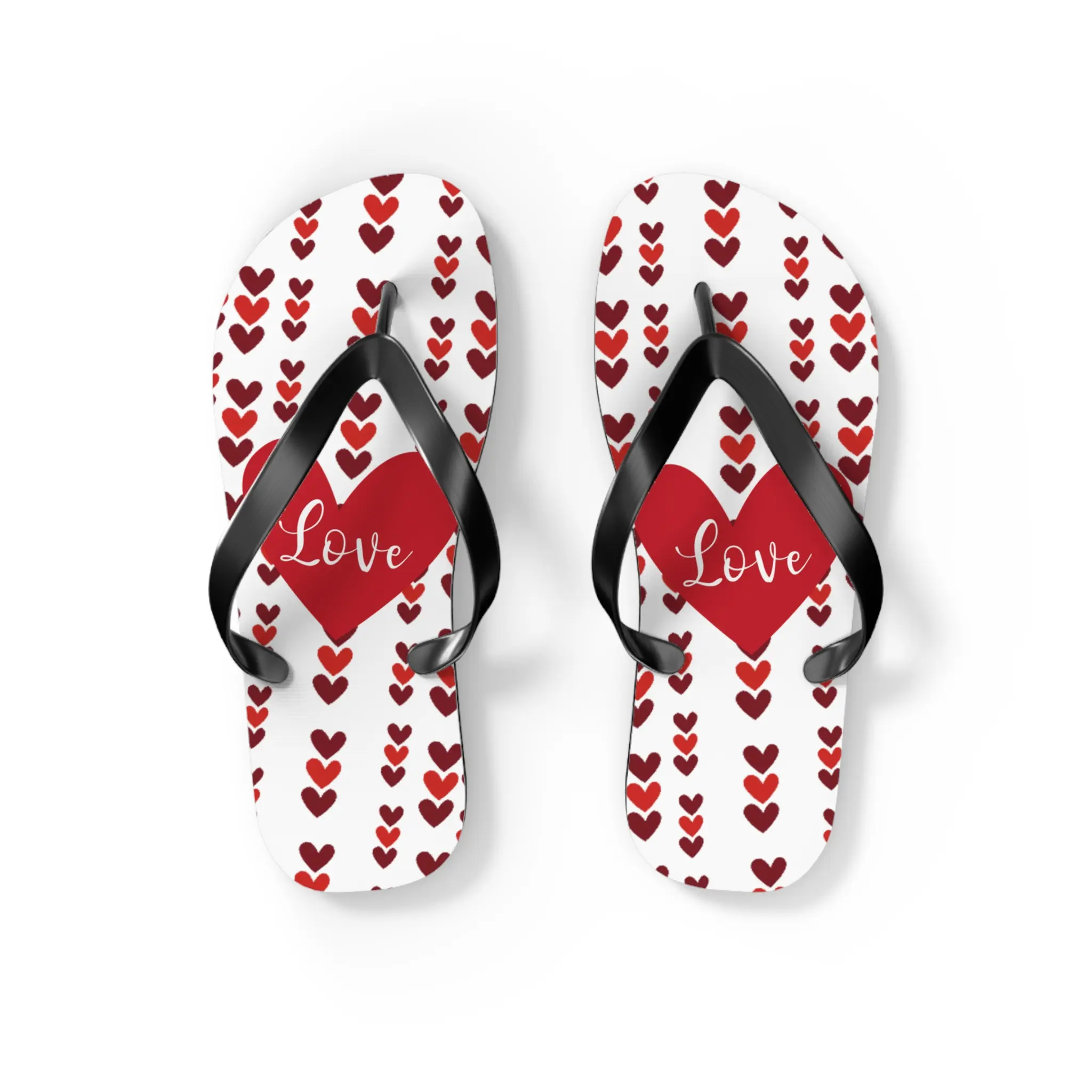 Valentines Love Hearts Flip Flops - Romantic Beach Sandals, Cute Heart Pattern Slippers, Summer Footwear Gift, Red Pink Heart Print Shoes,