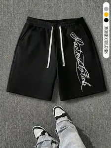 Unisex Light Knit Shorts, Casual Retro Style with Letter Print, Loose-Fitting Waistband Drawstring Design, Streetwear Fashion for All Seasons