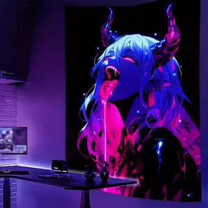 1pc UV-reactive anime tapestry. Mysterious pink demon design glows under blacklight. Soft polyester with vibrant colors and intricate patterns. Perfect for aesthetic bedrooms, party decor, or anime-themed rooms. Durable and eye-catching.