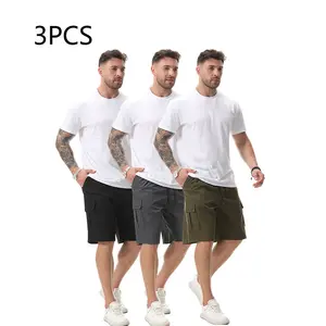 3-piece men's workwear shorts with classic stretch waist drawstring, daily casual outdoor work shorts with 6 pockets