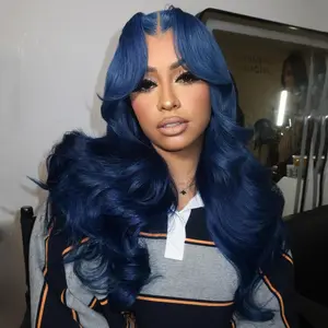 13x4 HD Lace Front Human Hair Wigs Middle-Night Dark Blue For Women Pre Plucked Blue Colored Body Wave Transparent Lace Frontal Brazilian Human Hair Wigs 180 Density SpringStatements