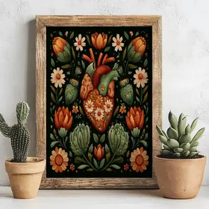 [UNFRAMED] Folklorico Heart Art Print – Colorful Corazon Mexican Folk Art, Fall Wall Decor, Vibrant Cacti Desert Poster, Unique Gift Illustration