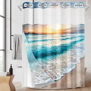No Hook Beach Shower Curtain with Snap in Fabric Liner Set, Summer Sea  Double Layers  Fabric with See Through Top Window Open Grommet Bath Curtain 71x74 Inch