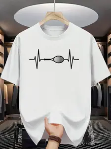 [Sporty Tennis T-Shirt] Tennis Racket Pattern Crew Neck T-Shirt - Breathable Fabric, Durable Construction - Fashionable Sporty Men's Wear for Daily Casual & Sports - Sports Apparel, Casual Wear, Trendy Tshirt, Stylish Print, Printed Shirt, Athletic Top, A