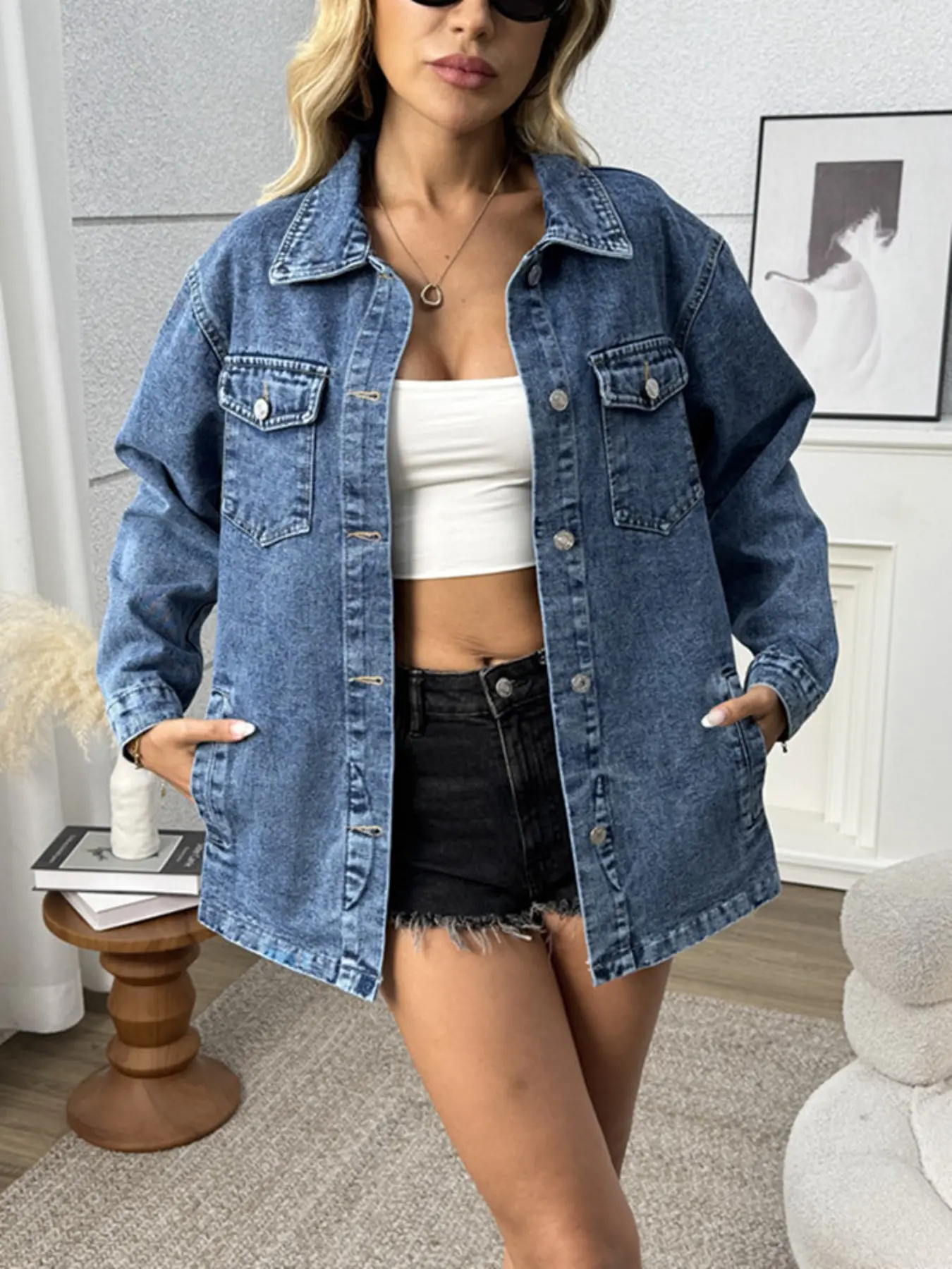 Women's Loose Long Denim Shirt Jacket, Collared Lapel Long Sleeve Single Button Multi-Pocket, Casual Streetwear Outerwear for Spring & Fall