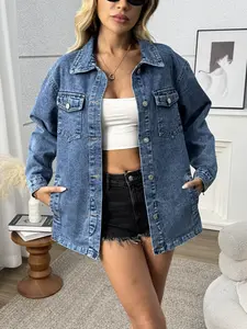 Women's Vintage Washed Denim Shirt Jacket, Oversized Single Button Design, Multiple Pockets, Casual Daily Wear Outerwear