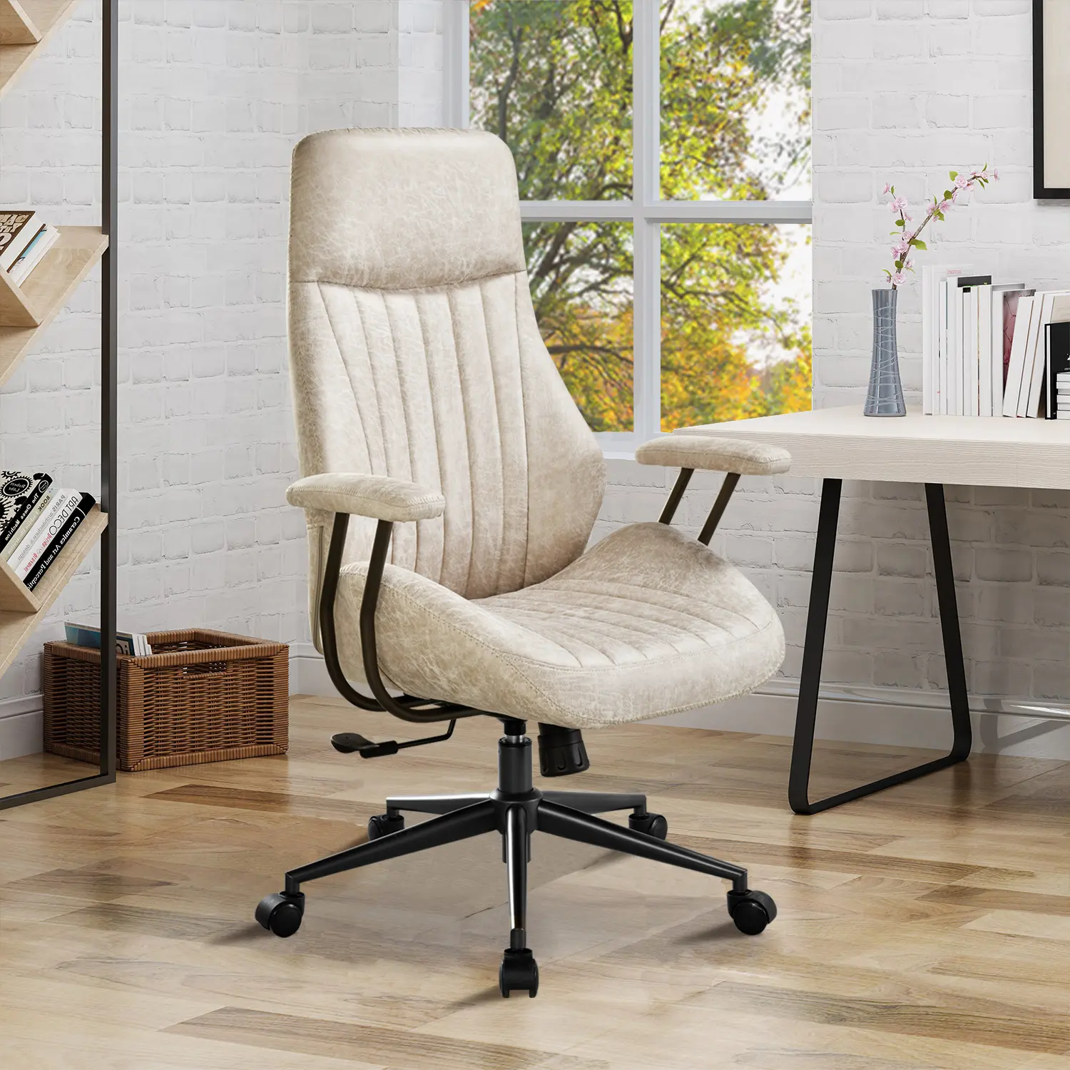CAODOC High Back Office Chair,Modern Swivel Office Chair,Brown Suede Fabric Gaming Chair,  Adjustable Height with Lumbar Support