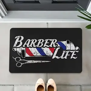 1pc Vintage Barber Shop Door Mat Suitable for - Thick Soft Mat with "BARBER LIFE" Sign & Barber Pole, Machine Washable /Outdoor for Salon Entrance, Durable Mat