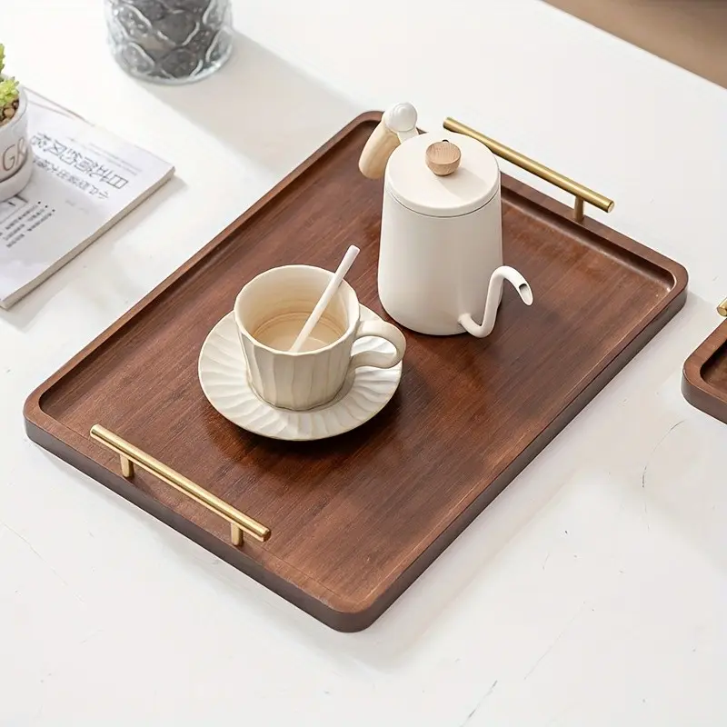 Bamboo Tea Tray with Right Angle Design, Rectangular Solid Wood Serving Tray with Handles for Tea Sets and Breakfast, Modern Chinese Style Decorative Tray for Living Room Home Use, Hotel Tea Table and Elegant Tea Gatherings, Tableware