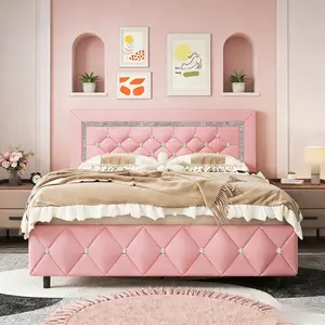 Twin/ Full/ Queen/ King Size Bed Frame, Upholstered Bed Frame With Diamond Headboard And Footboard, No Box Spring Needed, Easy Assembly, White/ Beige/ Black/ Grey/ Pink/ Purple/ Green