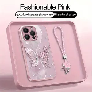 Butterfly Series Tempered Glass Phone Case with Lanyard for iPhone 17 16 15 14 13 12 11 X XS XR Pro Max Plus Air Series, Ideal Birthday or New Year's Gift for Friends, Family and Loved Ones, Accessories