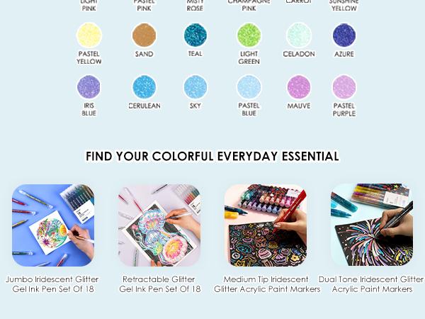 [Flash Sale] Grabie Dual Tone Iridescent Glitter Gel Ink Pens - 12/18 Vibrant Colors for Lettering, Coloring Books, Scrapbooking, Planner and More colorful pens, crafts, drawing, design Art Markers Set, gift for valentines's day