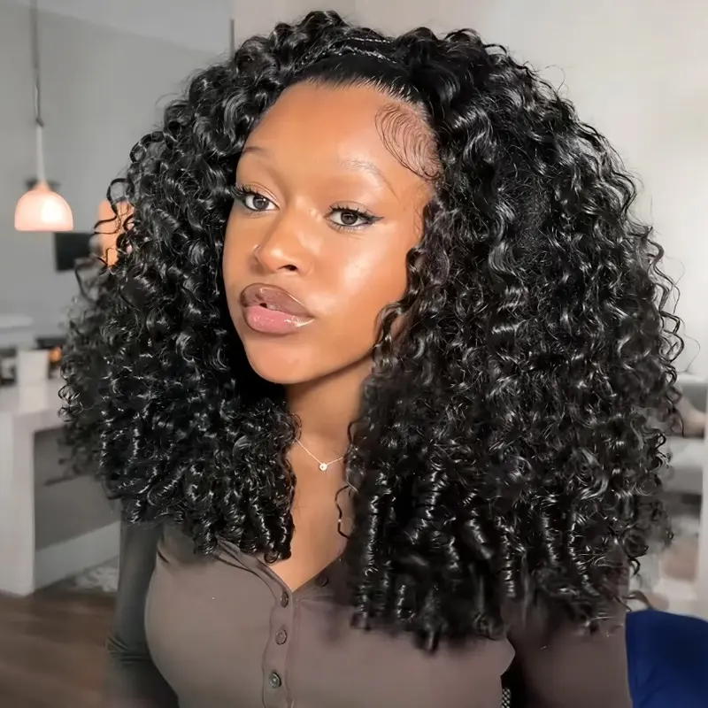 Burmese Curly Half Wig 3-in-1 Wear Go Glueless Kinky Curly Wigs 180% desnity Big Head Friendly Beginner Friendly V-part Human Hair Wig For Women Natural Color