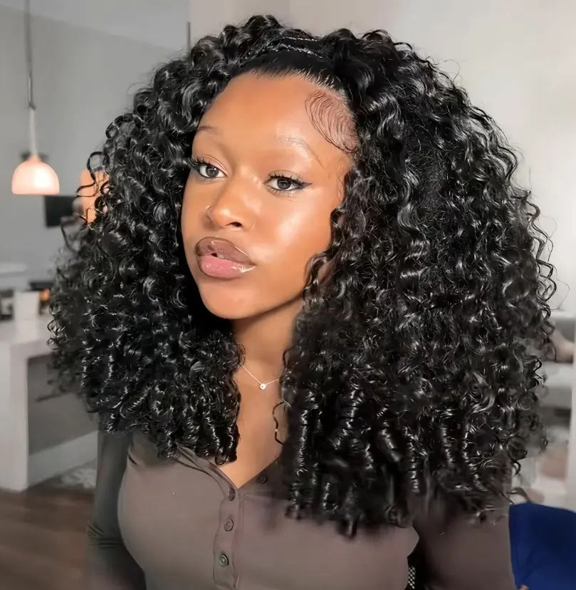 Burmese Curly Half Wig 3-in-1 Wear Go Glueless Kinky Curly Wigs 180% desnity Big Head Friendly Beginner Friendly V-part Human Hair Wig For Women Natural Color