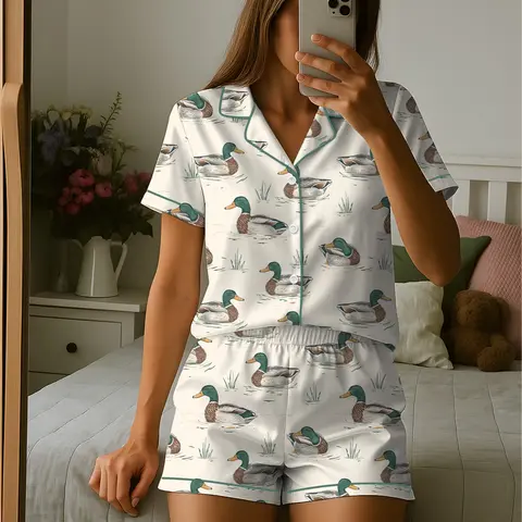 Watercolor Mallard Duck Duck Hunting Satin Pajama Set, Fun & Stylish Mallard Duck Sleepwear, Unique PJs with Design, Pajama Gift For Her