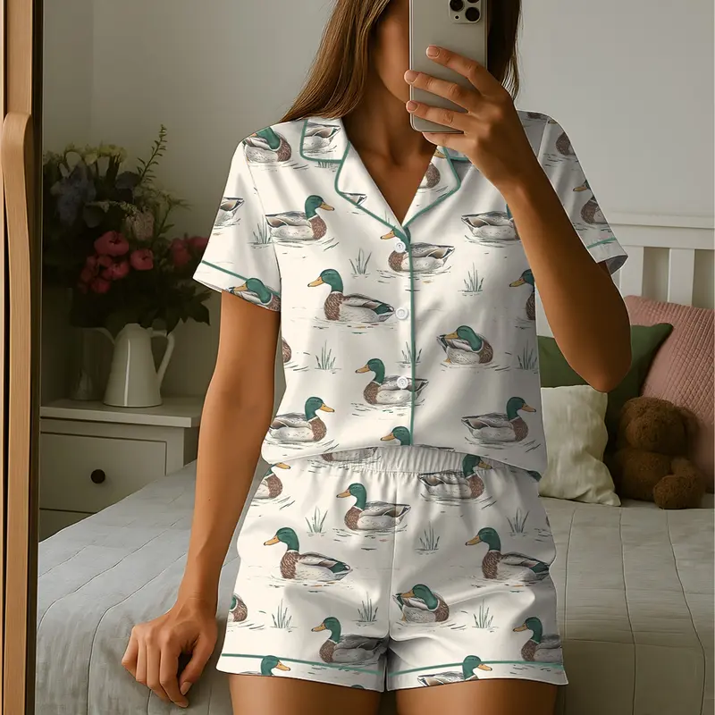 Watercolor Mallard Duck Duck Hunting Satin Pajama Set, Fun & Stylish Mallard Duck Sleepwear, Unique PJs with Design, Pajama Gift For Her
