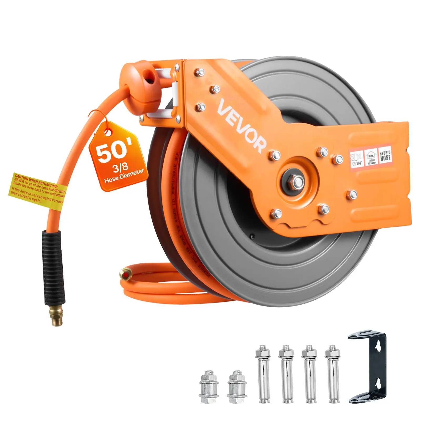 【Summerfinds】VEVOR Retractable Air Hose Reel,3/8 Inch x 50 FT Hybrid Air Hose Max 300PSIAuto Rewind Air-Compressor Hoses Reel with 5 ft Lead in180° Swivel Ceiling/Wall Mount for Garage Workshops