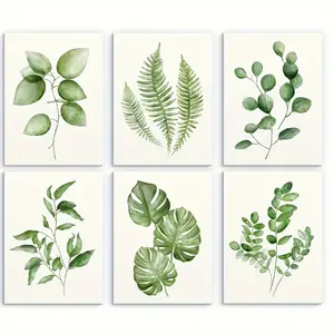 6-Piece Botanical Wall Art Set, Frameless Tropical Plant & Green Leaves Prints, Eucalyptus & Floral Educational Charts, Waterproof Laminated Pearl Paper Posters for Kitchen & Bathroom Decor, 8x10"