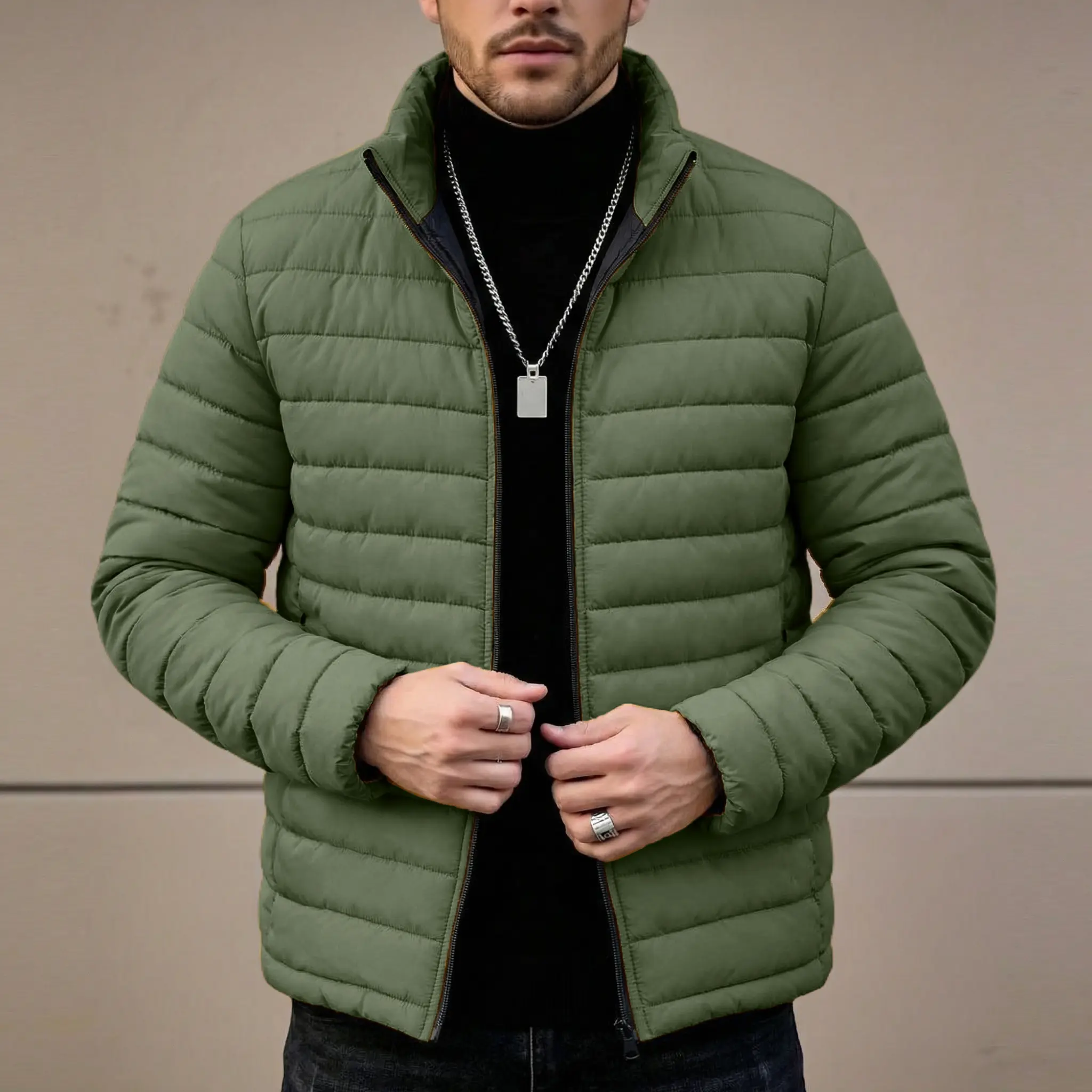 Men's Slim-Fit Quilted Stand-Collar Coat - Menswear Stylish Plain Layering Essential for Casual Everyday Wear, Coats