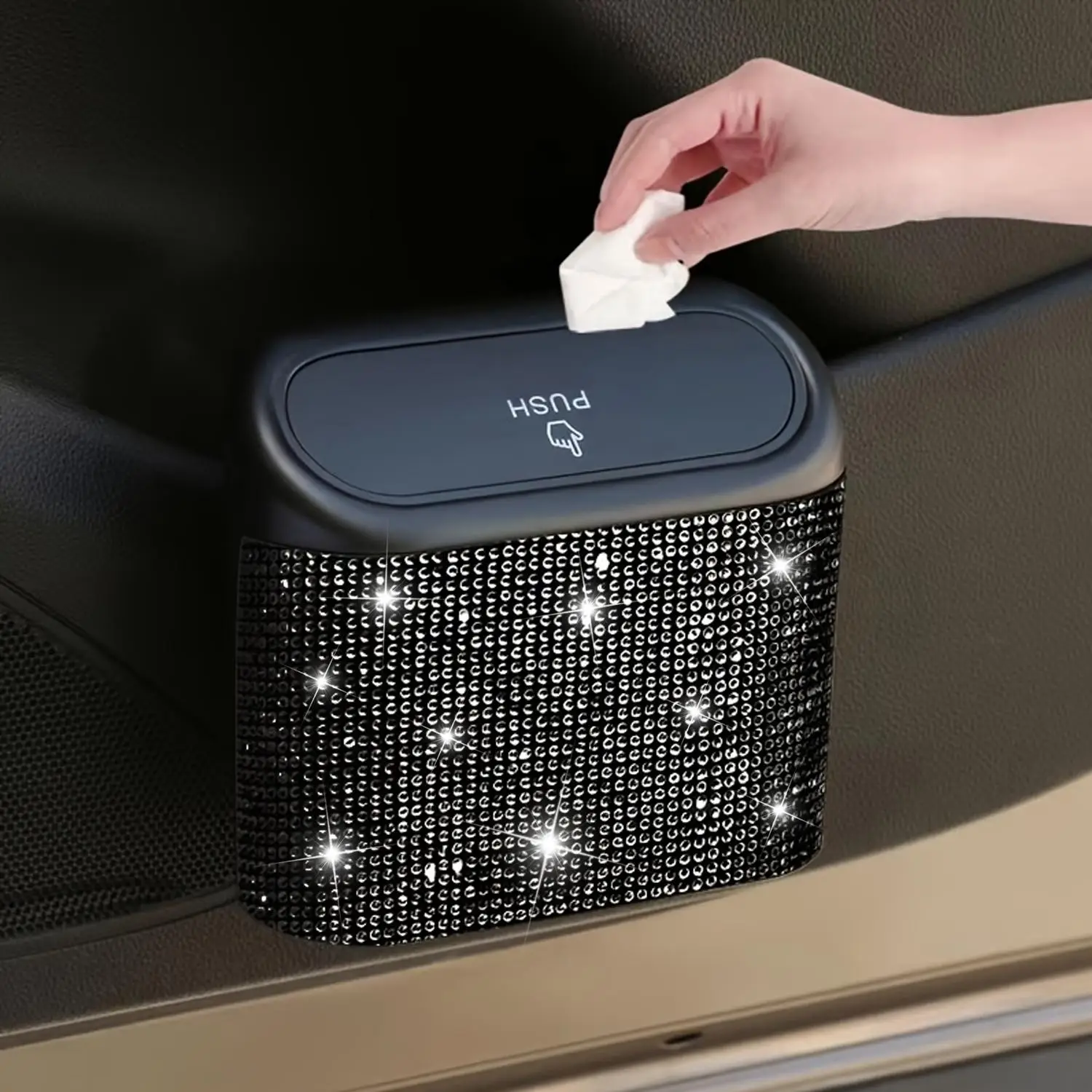 Artificial Rhinestone Decor Car Trash Can, Car Interior Hanging Storage Bin with Automatic Lid, Multifunctional Car Accessories