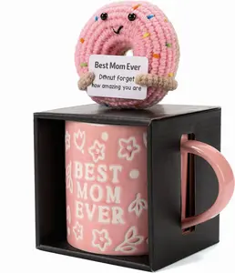 Mothers Day Gifts, Best Mom Ever Gifts for Mom from Daughter, Pink Floral Embossed Pattern Mother's Day Mug and Handmade Donut Crochet Gifts Set