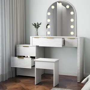 Makeup Vanity Desk with Mirror Lights Glass Tabletop 3 Lighting Modes Adjustable Vanity Table Modern Makeup Desk with Chair Power Outlet and 6 Drawers for Bedroom