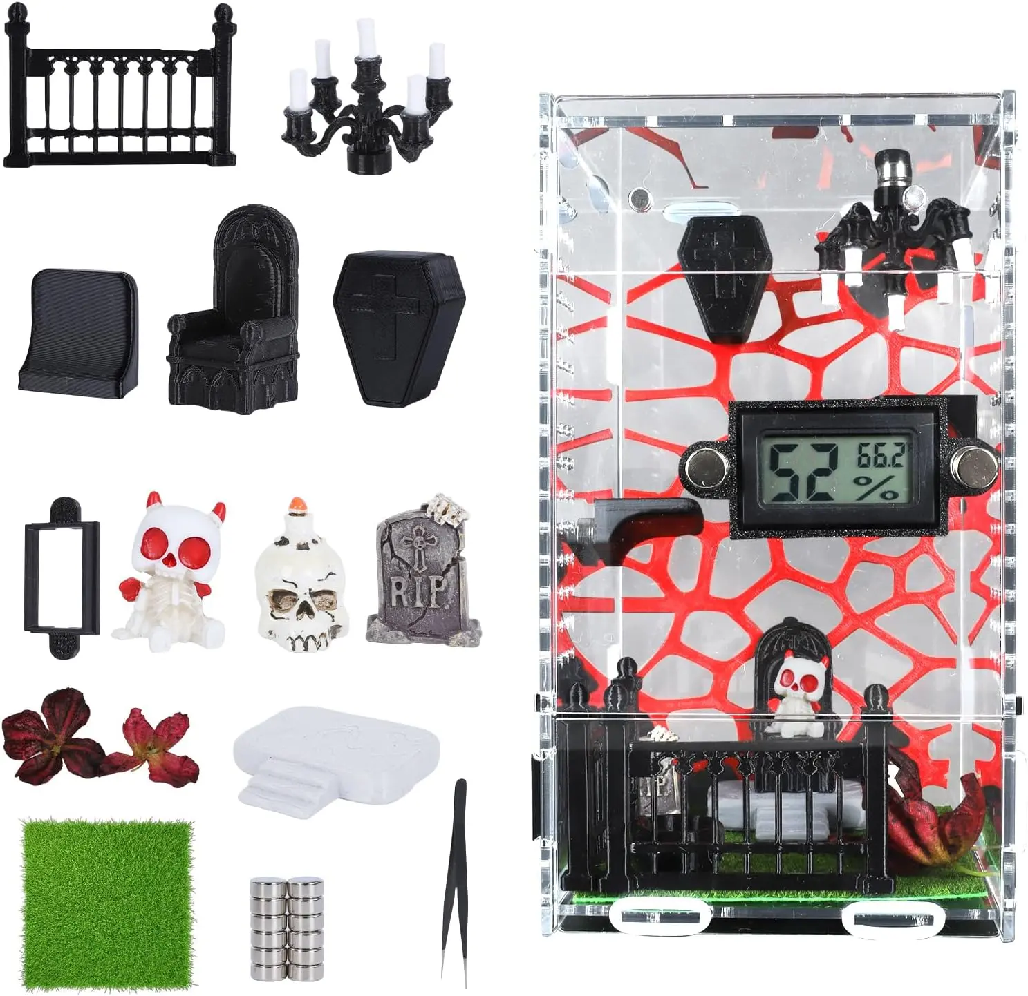 Acrylic Rectangle DIY Jumping Spider Enclosure Kit Set - 1 Set Escape-Proof Terrarium with Humid Control, Temperature & Humidity Detector, Platform, Hide, Tweezer, Feeding Bowl for Small Reptiles
