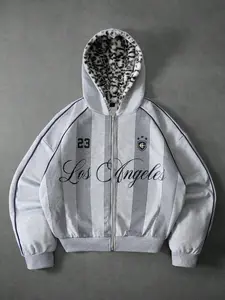 Men's Leopard Print Hooded Jacket, Light Vertical Stripes Embroidery, Oversized Loose Fit, Fall Winter Warm Coat, Streetwear Fashion
