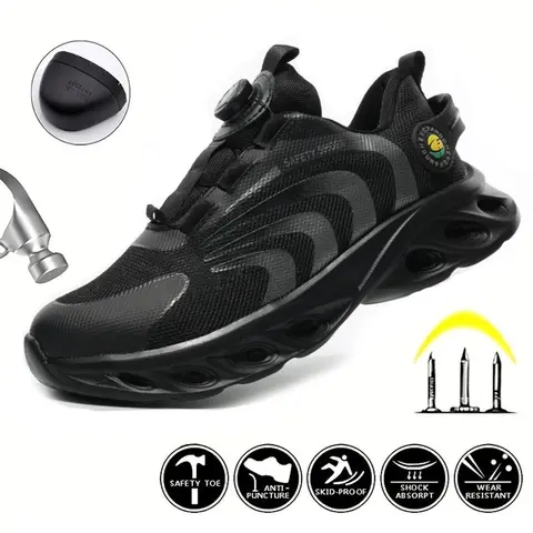 Men's Colorblock Rotary Buckle Steel Toe Trainers for Fall, Anti-smashing Anti-piercing Steel Toe Safety Shoes, Casual Summer Outfits 2025 Safety Sneakers for Daily Work, Comfort Walking Shoes, Footwear, Steel Toe Workshoes, Work Safety Shoes
