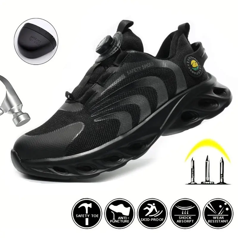 Men's Colorblock Rotary Buckle Steel Toe Trainers for Fall, Anti-smashing Anti-piercing Steel Toe Safety Shoes, Casual Summer Outfits 2025 Safety Sneakers for Daily Work, Comfort Walking Shoes, Footwear, Steel Toe Workshoes, Work Safety Shoes