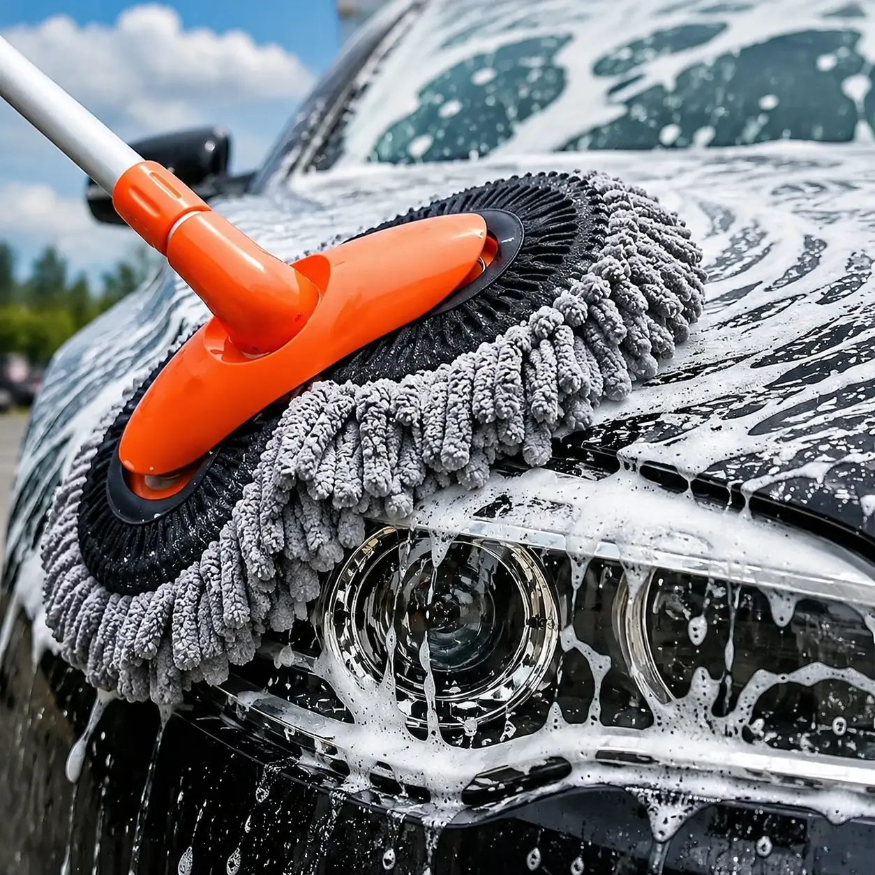 43" Long-Reach Car Wash Brush, 360° Swivel Chenille Mop Head, Scratch-Proof Detailing Tool for Cars, Trucks, Home Surface Cleaning