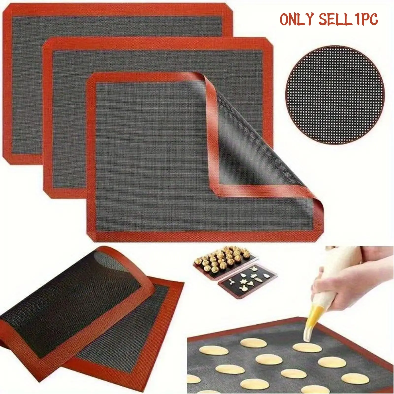 Breathable Silicone Mat Baking Trays Hollow Out Grid Bread Non-Stick Fiber Baking Trays Black Bottom Red Edge