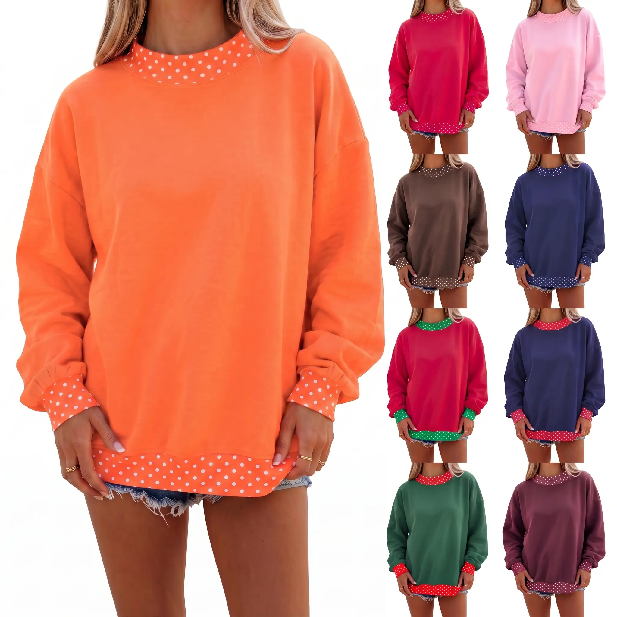 Women's Oversized Orange Sweatshirt Casual Long Sleeve Pullover Tops with Polka Dot Contrast Trim