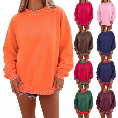 Women's Oversized Orange Sweatshirt Casual Long Sleeve Pullover Tops with Polka Dot Contrast Trim