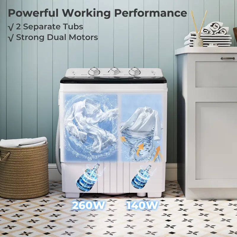 COSTWAY Portable Washing achine, Twin Tub 26lbs Capacity Laundry Washer, 18lbs Washer and 8lbs