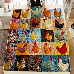 1pc Retro Style Multicolor Chicken Printed Patchwork Quilt - Soft Fabric, Digital Print, 250-300 GSM Suitable for Sofa, Bed, Office, Car, Camping & Home Decor - All-Season Comfort Nap Blanket or Office Soft Warm Bedding, Floral Print Quilt