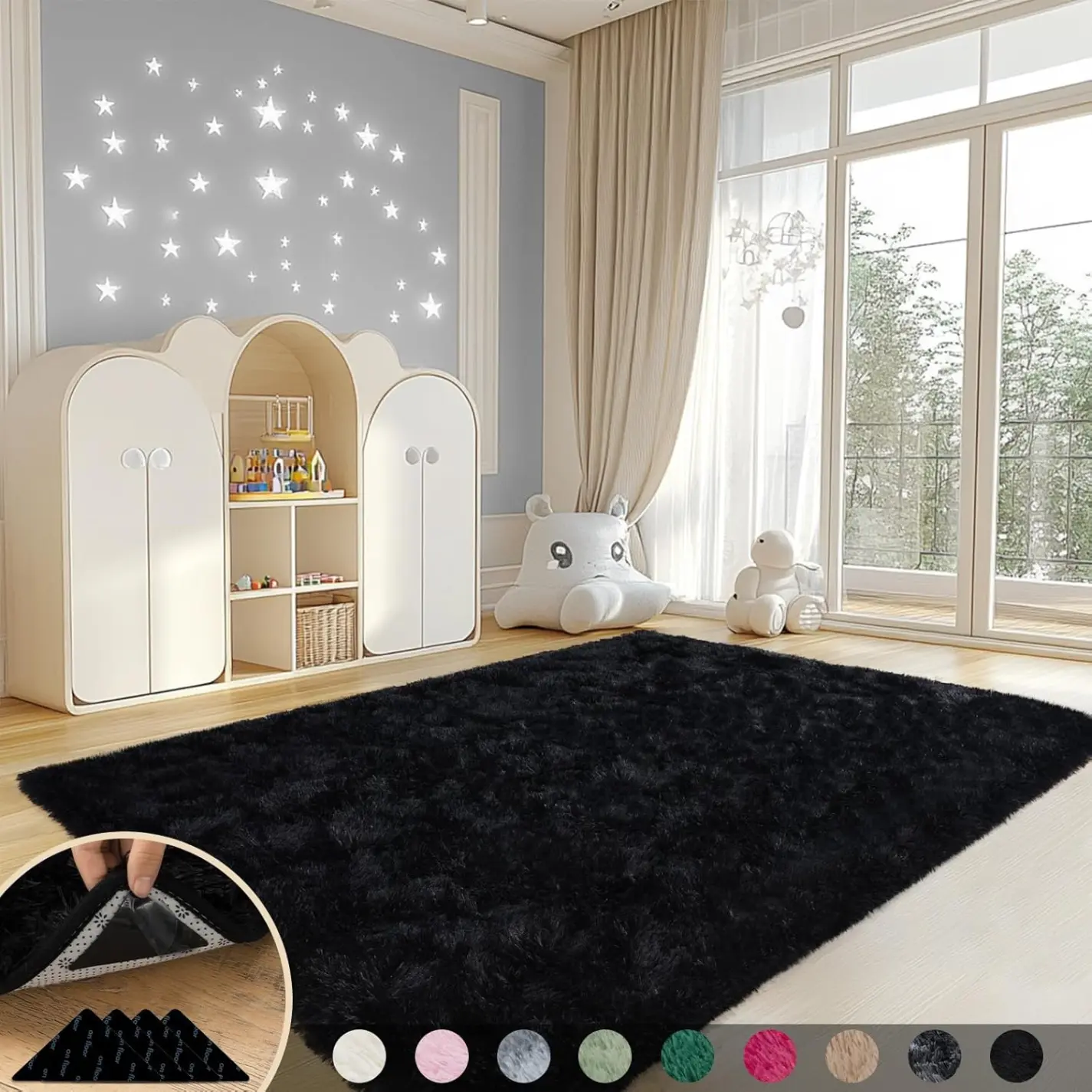 [New Deal] - 4x6 Feet Large Fluffy Area Rugs for Bedroom, Soft Carpet Shag Kids Rug with 4 Non-Slip Rug Pads(4ft x 6ft, Black)