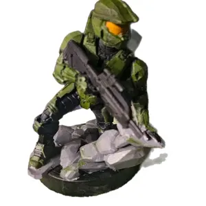 3D Printed Fan Master Chief Statue - Green Camo Suit, Orange Visor, Detailed Design, Collectible Figurine