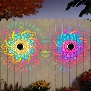 2-Pack Solar Mandala Projector Wall Lights, Waterproof Metal Fence Light, Outdoor Decor for Garden, Patio, Backyard, Courtyard