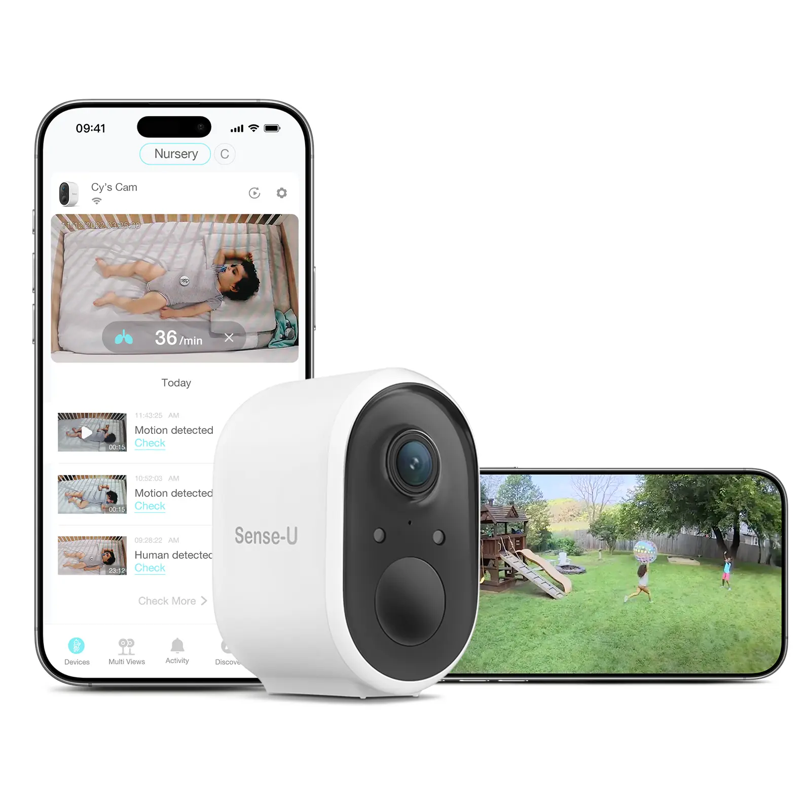 Sense-U Security Baby Monitor Camera, Indoor/Outdoor Use, AI Breathing Detection, Battery Operated, Waterproof, No Monthly Fees