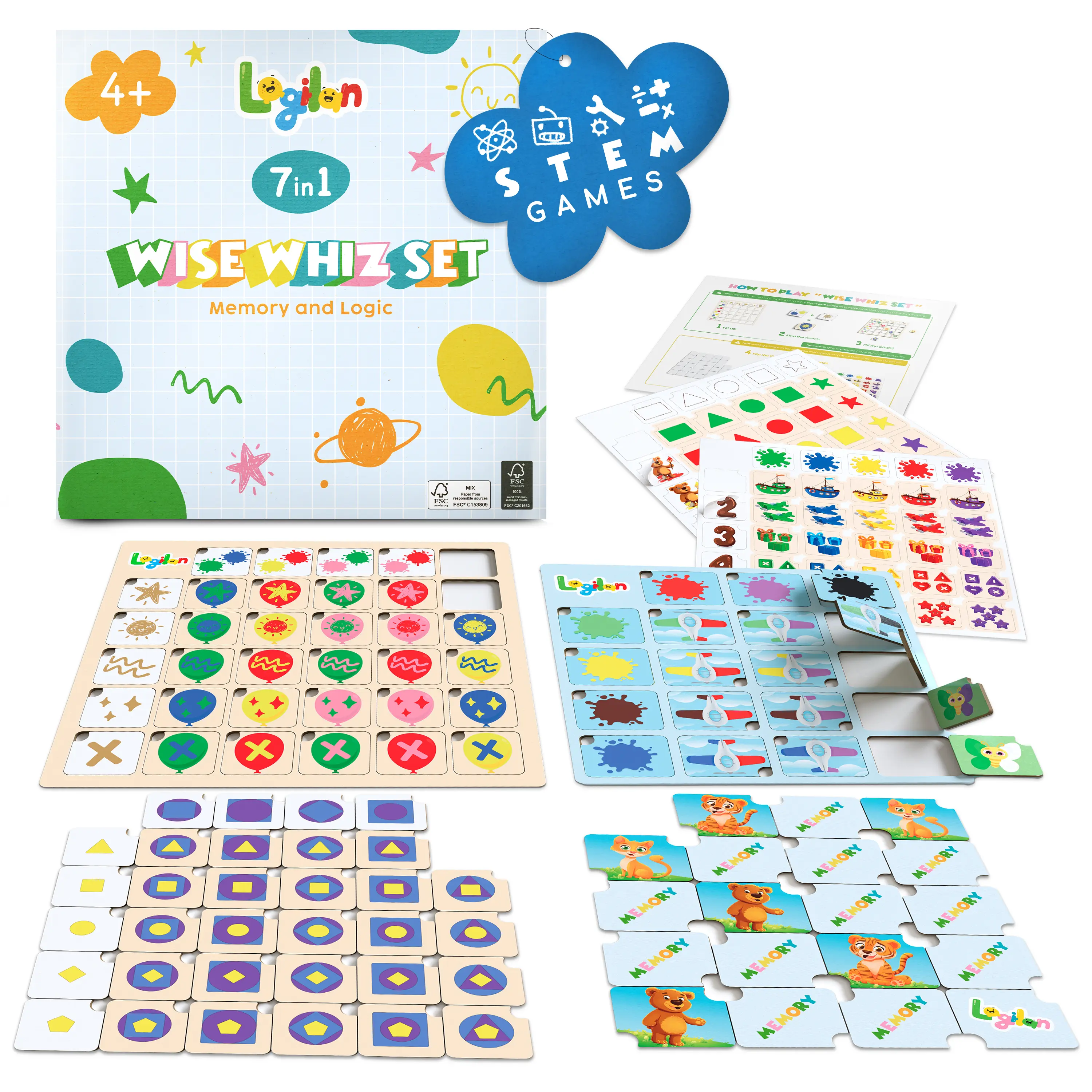 Logilan Wise Whiz 7-in-1 Logic Brain Puzzles & Memory Game Play Set for Kids Ages 4-8 - Includes 2 Wooden Boards & Stickers - Great Educational Gift Sensory Toy