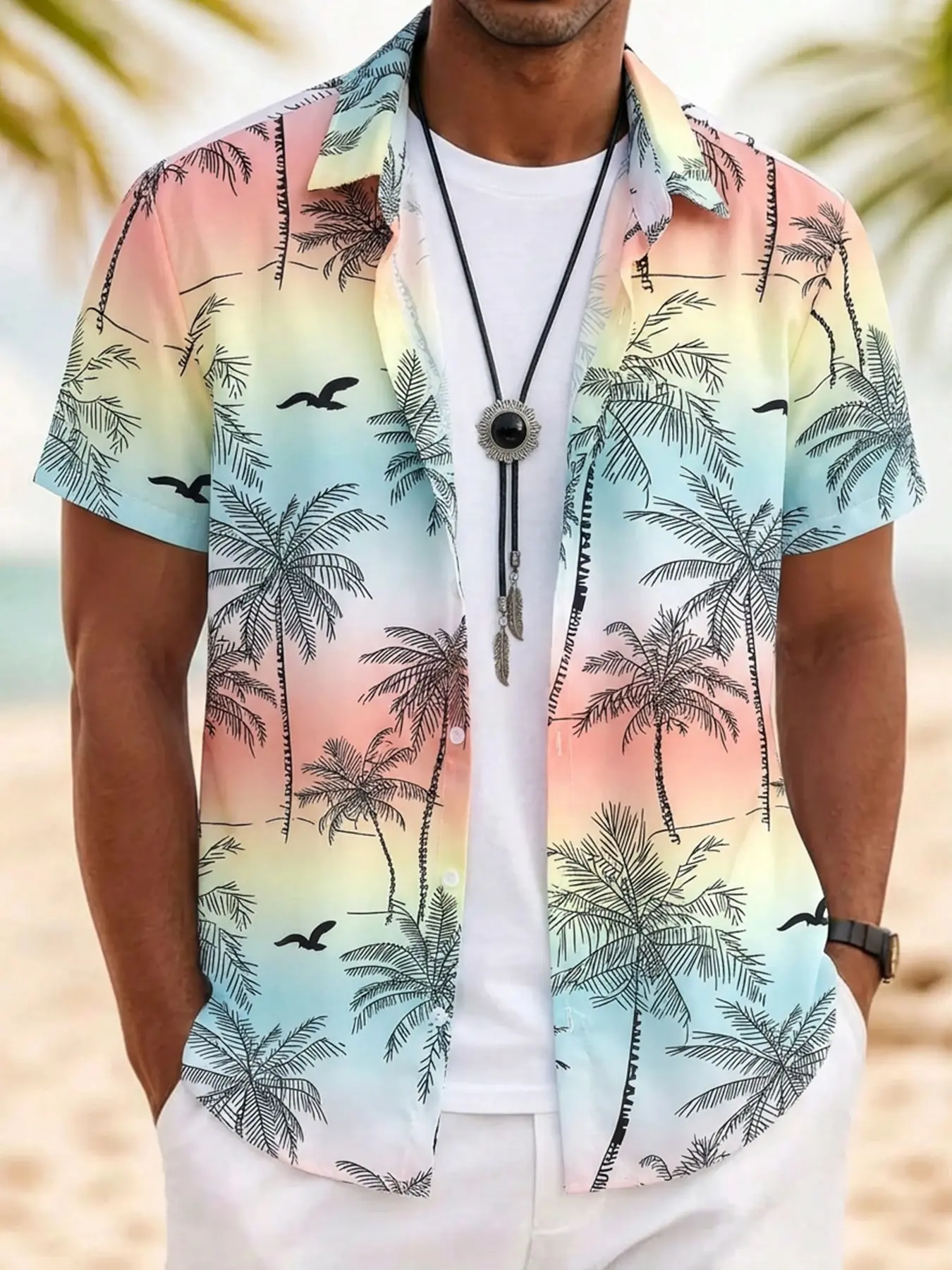 Men's Relaxed Fit Hawaiian Casual Printed Shirt | Lightweight Breathable Fabric with Tropical Gradient Palm Tree Print | Short Sleeve Button-Down Vacation Outfit for Beach, Resort & Cruise Trips