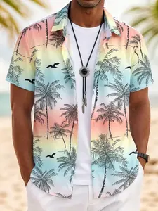 Men's Relaxed Fit Hawaiian Shirt | Lightweight Breathable Fabric with Gradient Palm Tree Tropical Print | Short Sleeve Button-Down Vacation Outfit for Beach, Resort & Cruise Trips
