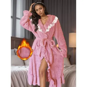 Women’s plush fleece court-style nightdress with lace trim and adjustable belt — long-sleeve cozy winter sleepwear, machine washable elegant home lounge for adults, flannel nightgown, indoor comfort wear robe