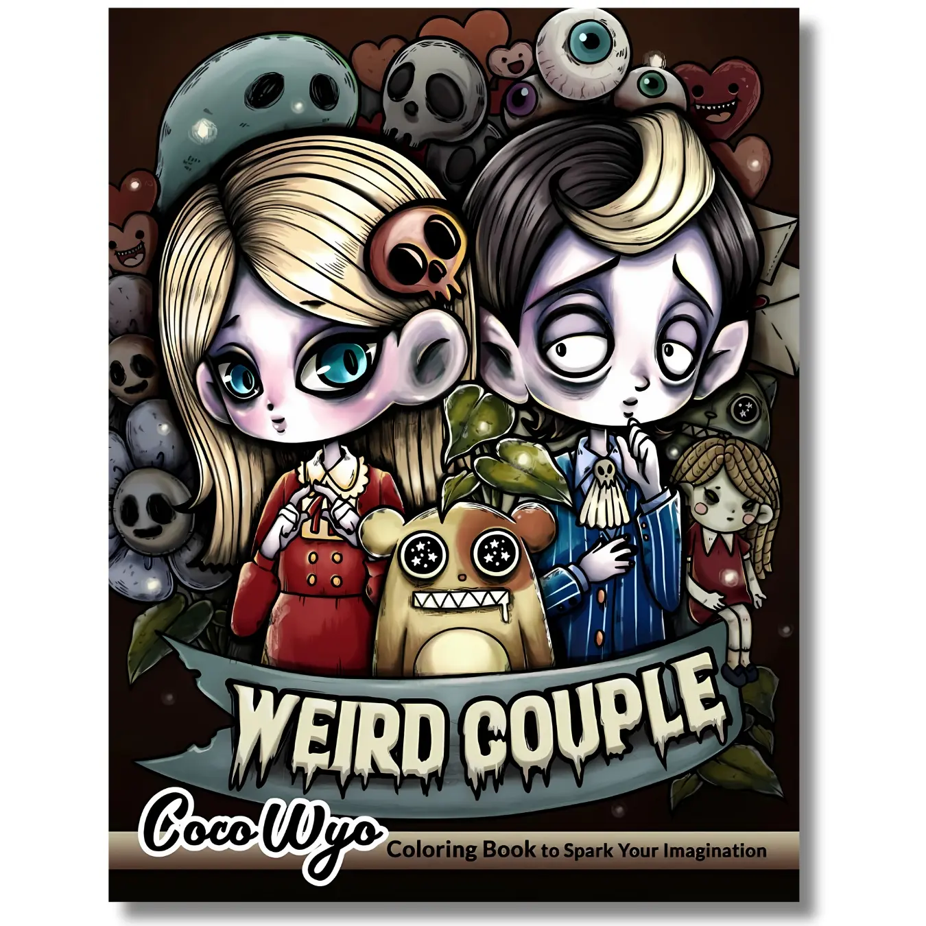 Weird Couple Black and White English Coloring Book - 40 Illustrations, Spooky-Cute Characters, Cute Love Story, 8.5x11in Separately Printed Sheets, Art Therapy Tool for Relaxation, Color Buddy for Creative Vibes, Ideal for Family Members, Stress Relief