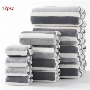 Striped Pattern Bathroom Premium Towel Set, 1 Set Including 4 Counts Bath Towel & 4 Counts Hand Towel & 4 Counts Face Towel, Quick Drying Water Absorbent Towel for Home, Hotel & Spa, Absorbent Thickened Towels