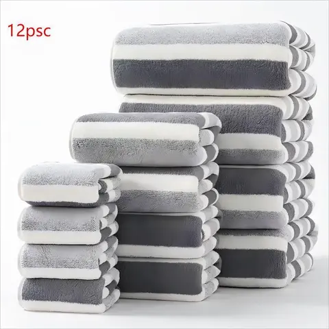 Striped Pattern Premium Bathroom Towel Set, 1 Set Including 4 Counts Bath Towel & 4 Counts Hand Towel & 4 Counts Face Towel, Quick Drying Water Absorbent Towel for Home, Hotel & Spa, Absorbent Thickened Towels, Bath Towel Sets
